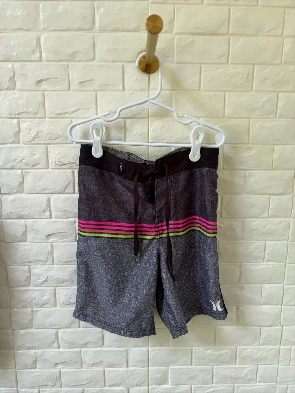 Hurley Kids Gray Swim Trunks with Pink & Green Stripes